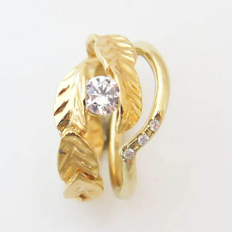 Unisex Leaf Engagement & Wedding Ring Set, 2pcs